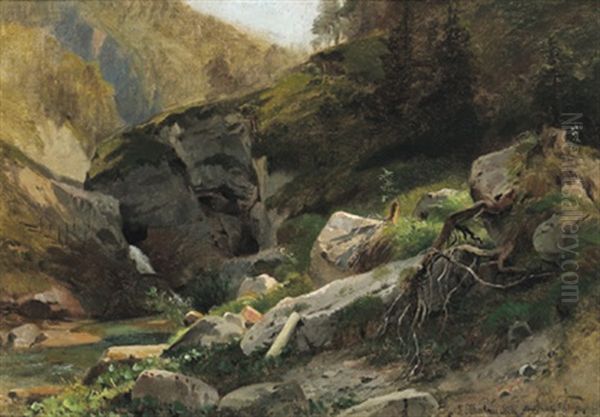 Felsiges Bachufer Oil Painting by Ludwig Georg Eduard Halauska