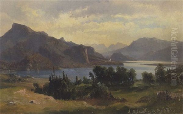 Osterreicher Gebirgssee Oil Painting by Ludwig Georg Eduard Halauska