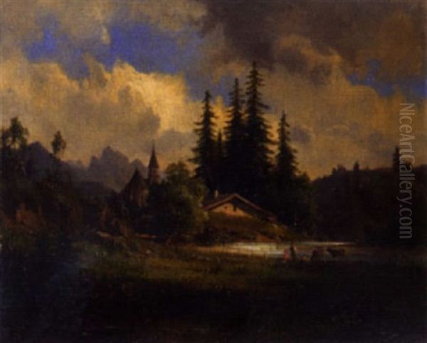 Sommerliche Flusslandschaft Im Gebirge Oil Painting by Ludwig Georg Eduard Halauska