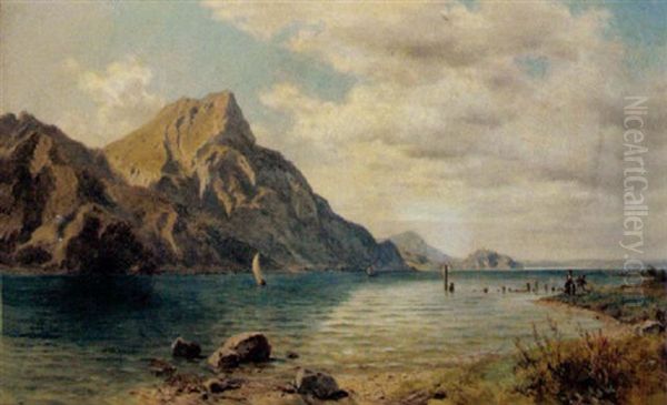 Der Sonnstein Am Gmundner See Oil Painting by Ludwig Georg Eduard Halauska