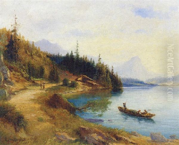 Attersee Oil Painting by Ludwig Georg Eduard Halauska