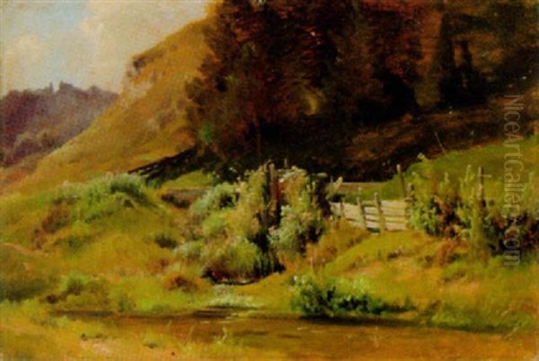 Landschaft Mit Kleinem Teich Im Vordergrund Oil Painting by Ludwig Georg Eduard Halauska