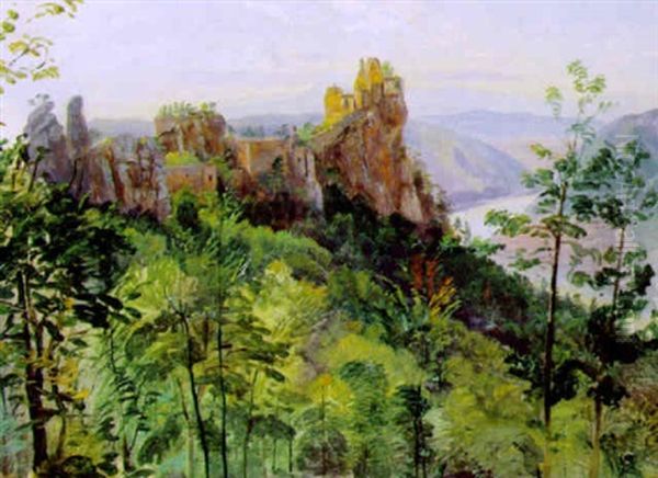 Blick Auf Die Ruine Aggstein Oil Painting by Ludwig Georg Eduard Halauska