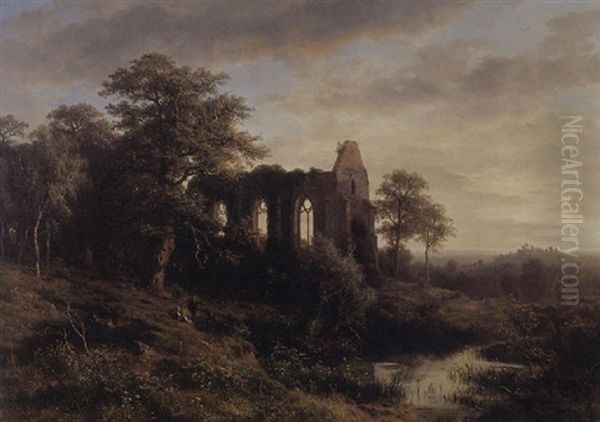 Abendlandschaft Mit Kirchenruine Oil Painting by Ludwig Georg Eduard Halauska