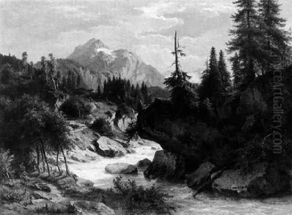 Alpenlandschaft Oil Painting by Ludwig Georg Eduard Halauska