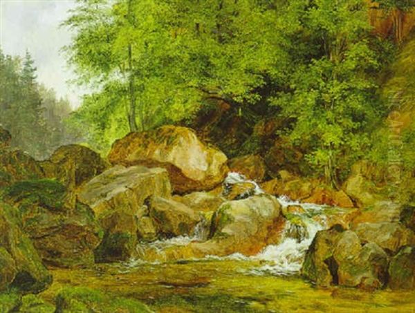 Felsiger Gebirgsbach Oil Painting by Ludwig Georg Eduard Halauska