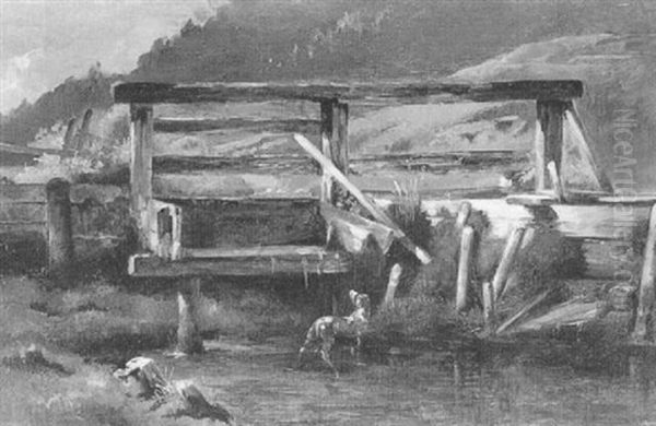 Hund Bei Einer Brucke Oil Painting by Ludwig Georg Eduard Halauska