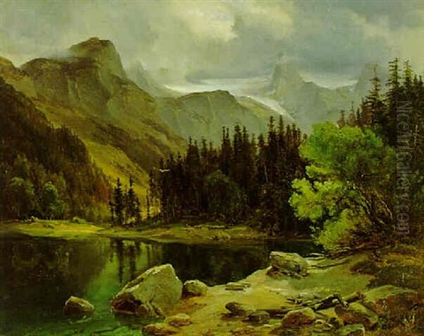 Blick Auf Den Wolkenverhangenen Dachstein Oil Painting by Ludwig Georg Eduard Halauska