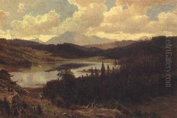 Reschensee (?) Oil Painting by Ludwig Georg Eduard Halauska