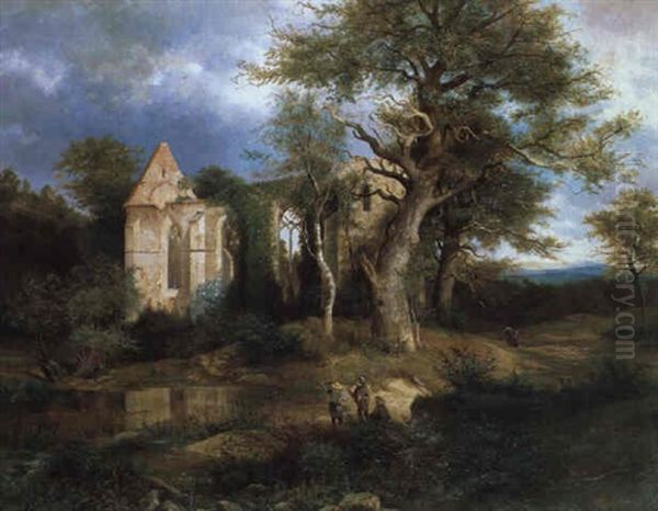 Kirchenruine Am Abend Oil Painting by Ludwig Georg Eduard Halauska