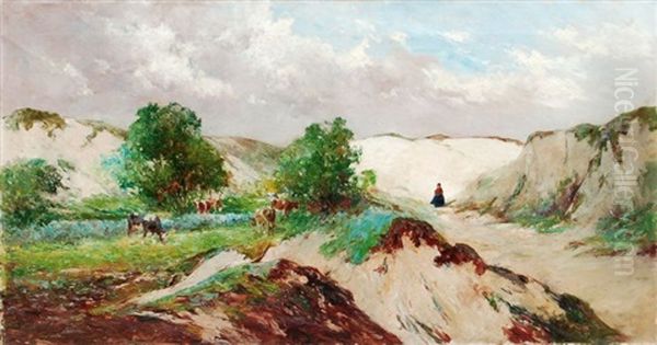 Grasende Kuhherde Mit Hirtin Oil Painting by Gustave Halbart