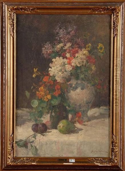 Nature Morte Aux Fleurs Et Aux Fruits Oil Painting by Gustave Halbart