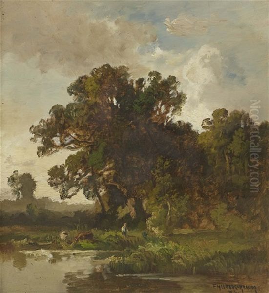 Tree Landscape With Shepherd Boy Oil Painting by Fritz Halberg-Krauss