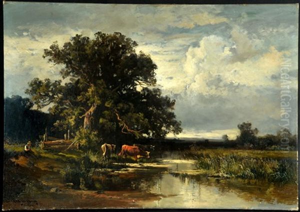 Kuhe Am Bachlauf In Weiter Baumlandschaft Oil Painting by Fritz Halberg-Krauss