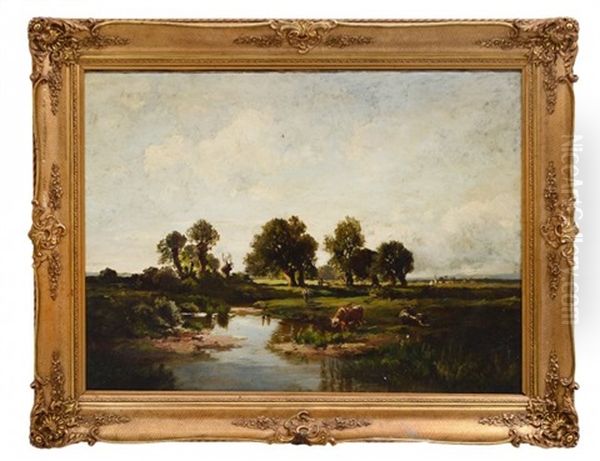 Watering Cattle Landscape Oil Painting by Fritz Halberg-Krauss