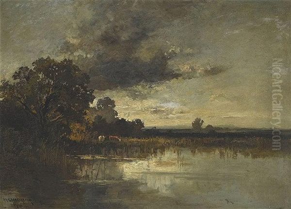 Sommerlicher See Mit Kuhen Unter Gewittrigem Himmel by Fritz Halberg-Krauss