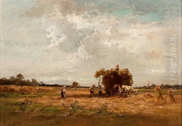 Weizenernte. Zwei Ochsen Mit Hoch Beladenem Wagen Oil Painting by Fritz Halberg-Krauss