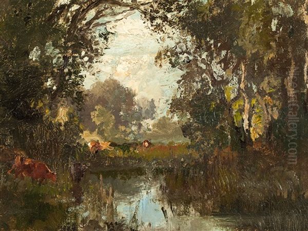 Cows By A Pond Oil Painting by Fritz Halberg-Krauss