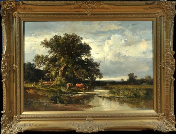 Kuhe Am Bachlauf In Weiter Baumlandschaft Oil Painting by Fritz Halberg-Krauss