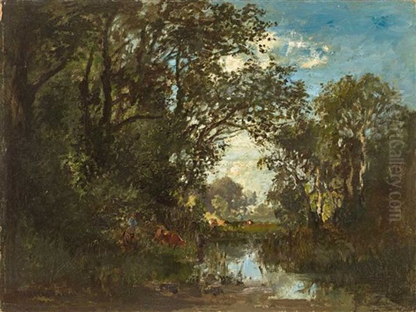 Waldlandschaft Mit Teich Und Weidendem Vieh Oil Painting by Fritz Halberg-Krauss