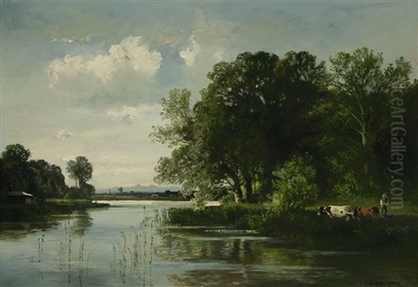 Hirte Mit Kuhen Am Wasser Oil Painting by Fritz Halberg-Krauss