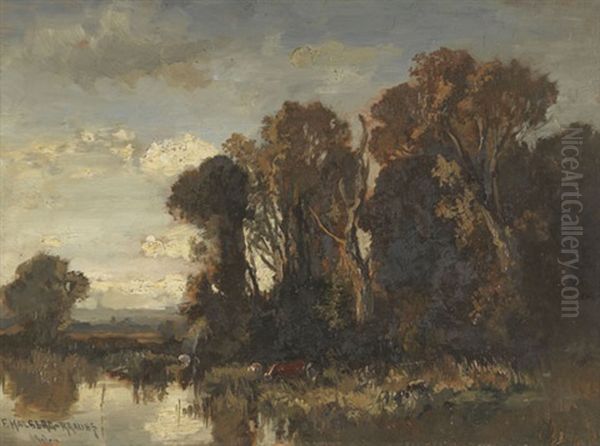 Flusslandschaft Mit Kuhen Oil Painting by Fritz Halberg-Krauss