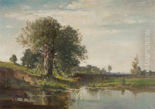 Landschaft Mit Weidenden Kuhen Oil Painting by Fritz Halberg-Krauss