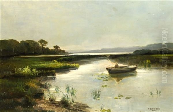 Seenlandschaft Im Voralpenland, Im Vordergrund Ein Angler In Seinem Boot Oil Painting by Fritz Halberg-Krauss