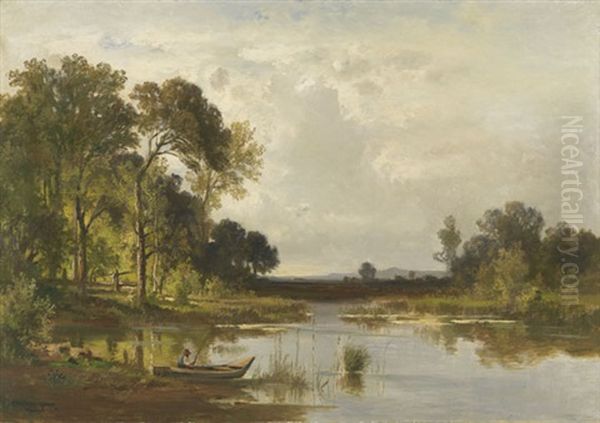 Oberbayerische Seenlandschaft Mit Angler by Fritz Halberg-Krauss