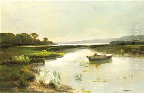 Seenlandschaft Im Voralpenland, Im Vordergrund Ein Angler In Seinem Boot by Fritz Halberg-Krauss