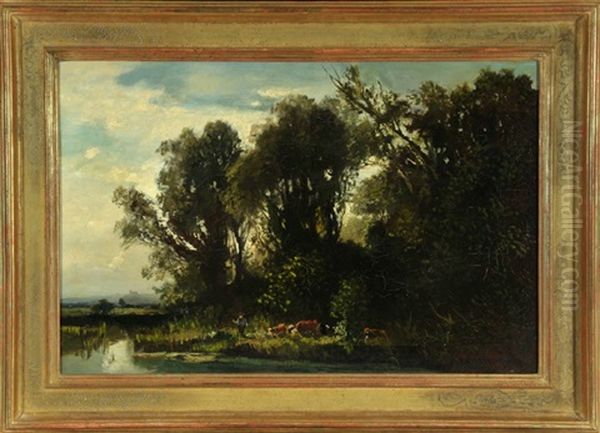 Bewaldeter See Mit Mann Und Kuhen Am Ufer Oil Painting by Fritz Halberg-Krauss