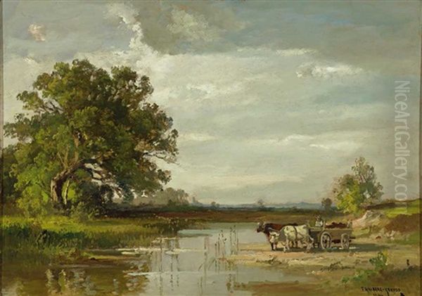 Landschaft Bei Polling. Zweispanniger Ochsenkarren An Der Tranke Oil Painting by Fritz Halberg-Krauss