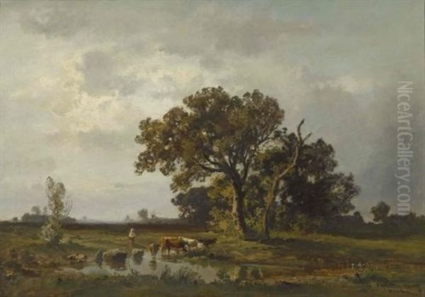 Hirte Mit Rindern Am Wasser Oil Painting by Fritz Halberg-Krauss