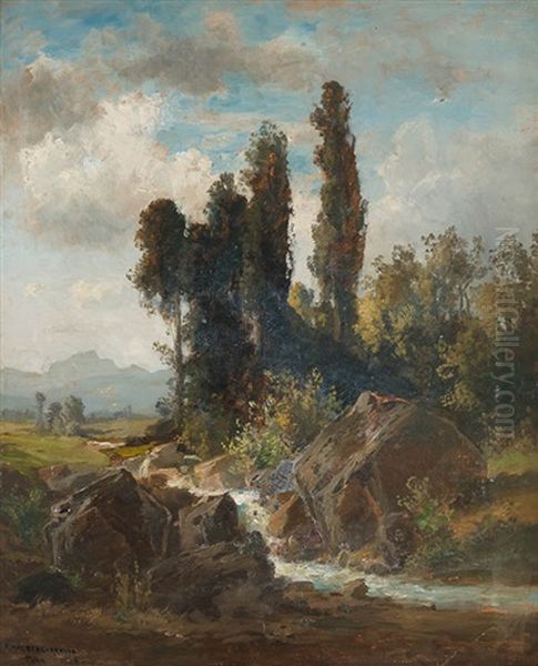 Kleiner Bachlauf In Weiter Sommerlandschaft Vor Einem Gebirge Oil Painting by Fritz Halberg-Krauss