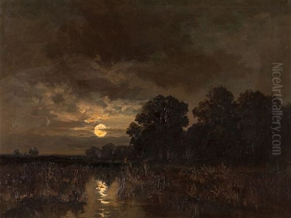 Landscape With Full Moon Oil Painting by Fritz Halberg-Krauss