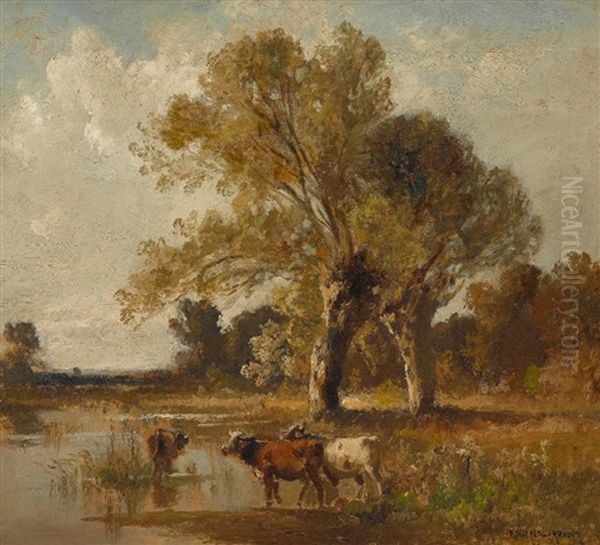 Baumlandschaft Mit Kuhen Am Wasser by Fritz Halberg-Krauss