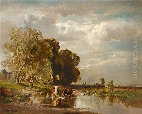 Kuhe Und Magd Am Wasser Oil Painting by Fritz Halberg-Krauss