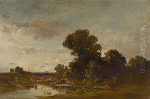 Herbstliche Landschaft Mit Bauerin Und Kuhen Am Teichufer Oil Painting by Fritz Halberg-Krauss