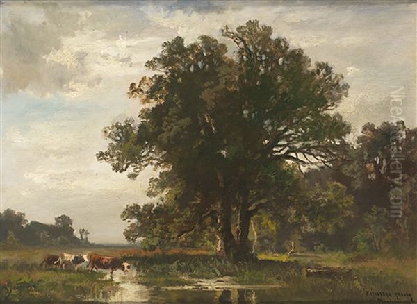 Weidelandschaft Mit Kuhen Und Ausladendem Baum by Fritz Halberg-Krauss