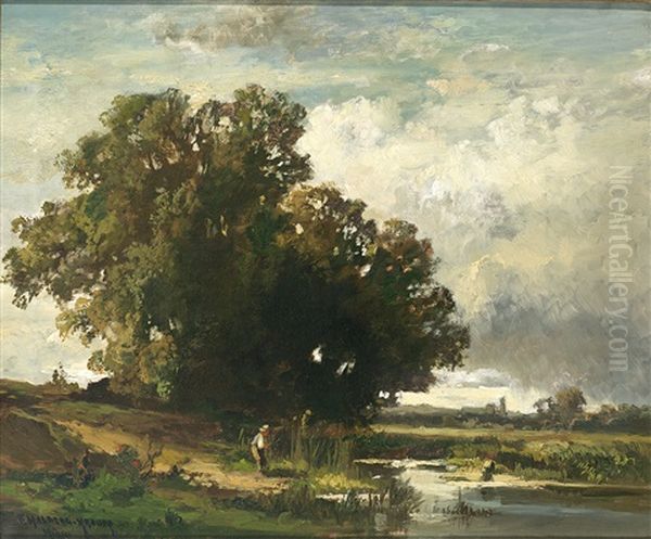 Teichlandschaft Mit Malerischer Baumgruppe Im Abendlichen Gegenlicht Oil Painting by Fritz Halberg-Krauss