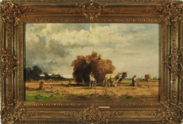 Landschaft Mit Bauern Bei Der Heuernte Bei Aufkommendem Gewitter by Fritz Halberg-Krauss