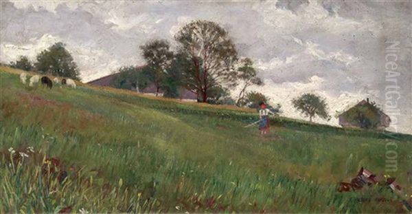 Madchen Mit Rechen Auf Einer Sommerwiese Oil Painting by Fritz Halberg-Krauss