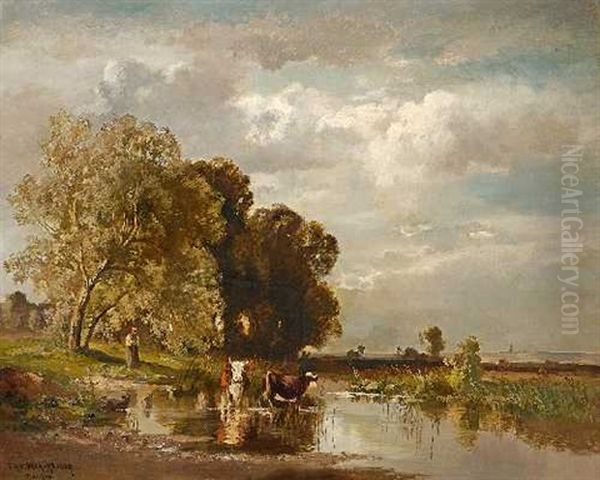 Kuhe Und Magd Am Wasser Oil Painting by Fritz Halberg-Krauss