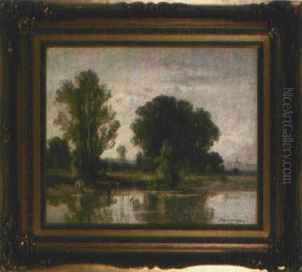 Hirte Mit Kuhen Am Weiher Oil Painting by Fritz Halberg-Krauss