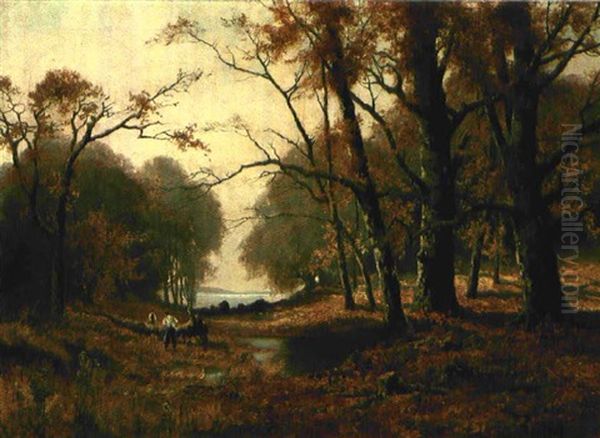 Herbstlandschaft Am See Mit Waldarbeitern Oil Painting by Fritz Halberg-Krauss