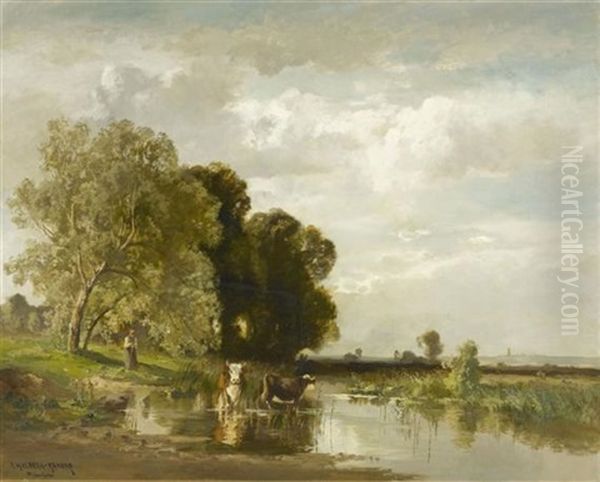 Dachauerlandschaft Mit Kuhen Und Einer Bauerin by Fritz Halberg-Krauss