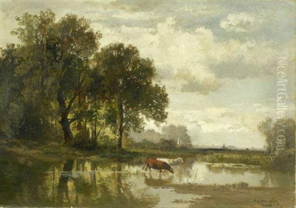 Flusslandschaft Mit Kuhen, In Der Ferne Eine Stadt by Fritz Halberg-Krauss