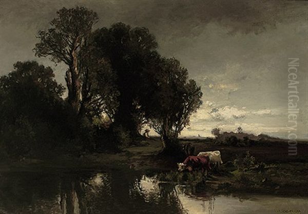 Abendliche Weidelandschaft Mit Kuhen Am Wasser. Blick In Das Weite Land Mit Abendlichem Gegenlicht Oil Painting by Fritz Halberg-Krauss