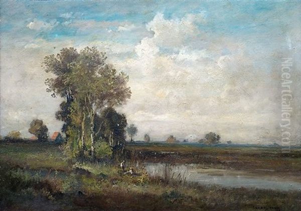 Bayerische Sommerlandschaft Mit Kindern An Einem Weiher Oil Painting by Fritz Halberg-Krauss