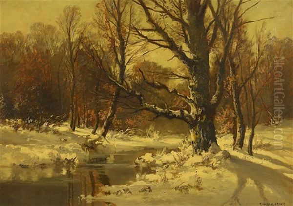 Wintertag Am Waldbach (+ Aktstudie, Verso) Oil Painting by Fritz Halberg-Krauss